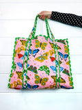 Quilted Tote Bag | Large Travel Bag | Pink Butterfly Print