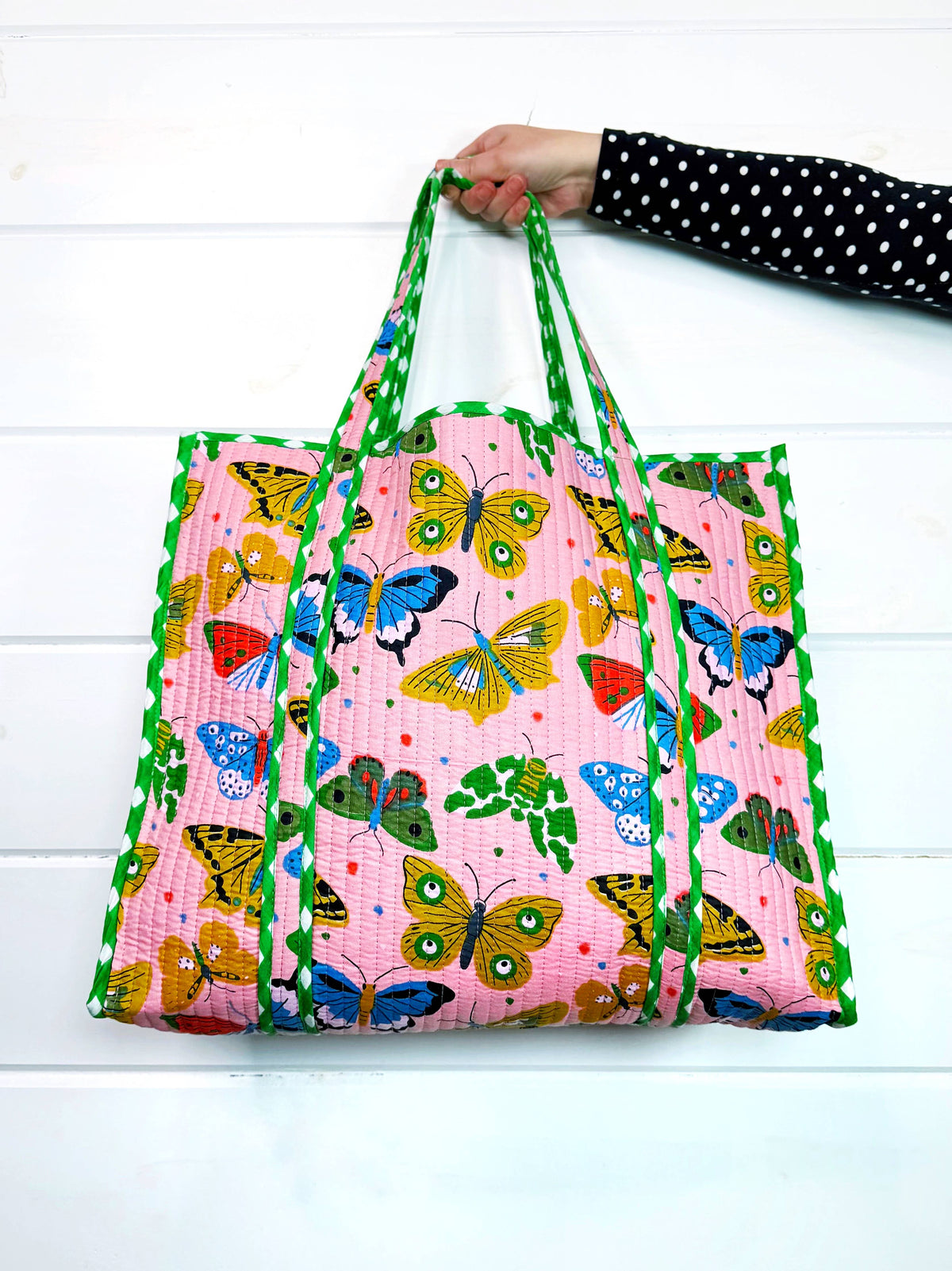Quilted Tote Bag | Large Travel Bag | Pink Butterfly Print