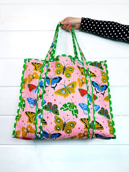 Quilted Tote Bag | Large Travel Bag | Pink Butterfly Print