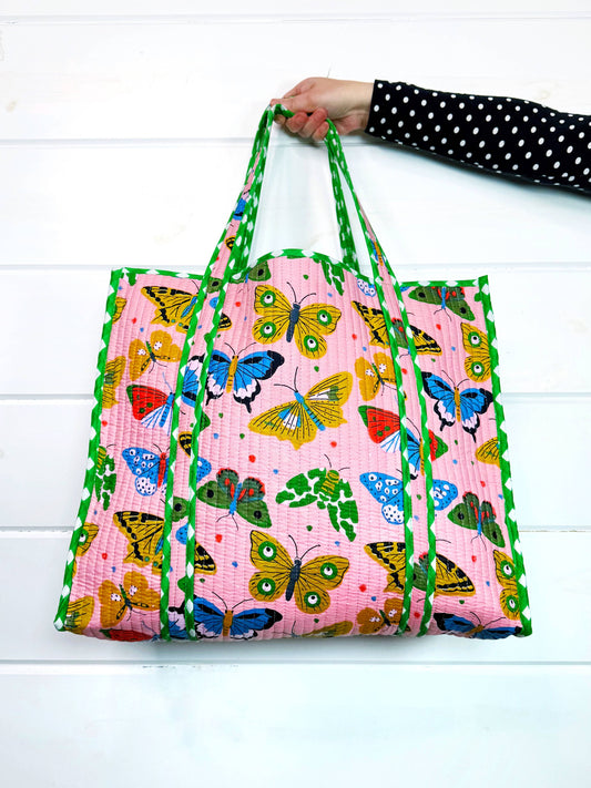 Quilted Tote Bag | Large Travel Bag | Pink Butterfly Print