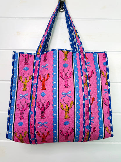 Quilted Tote Bag | Pink Lobster Tote | Large Shopping Tote