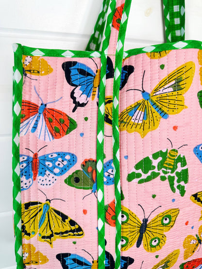 Quilted Tote Bag | Large Travel Bag | Pink Butterfly Print