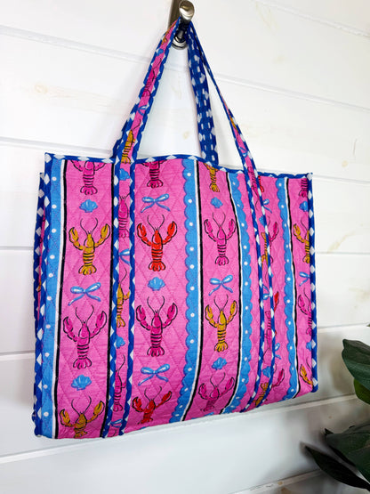 Quilted Tote Bag | Pink Lobster Tote | Large Shopping Tote
