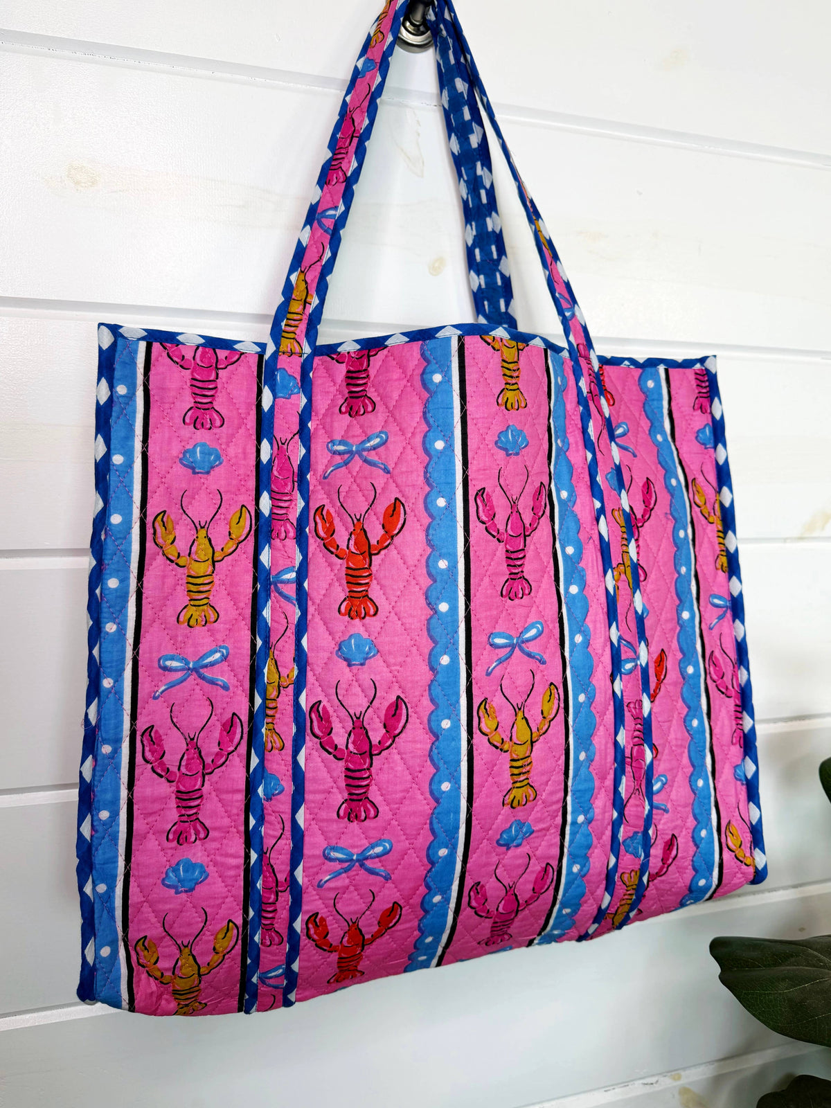 Quilted Tote Bag | Pink Lobster Tote | Large Shopping Tote