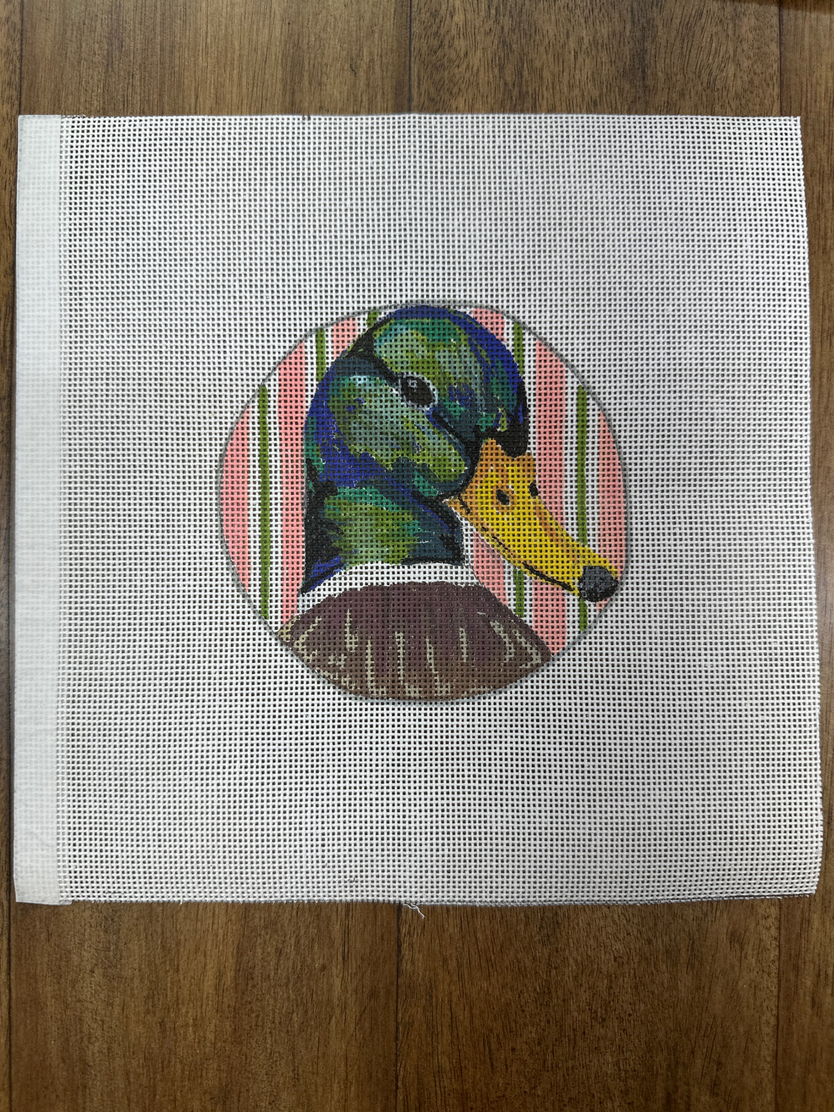 Mallard Round with striped background by designer Lee Sentell
