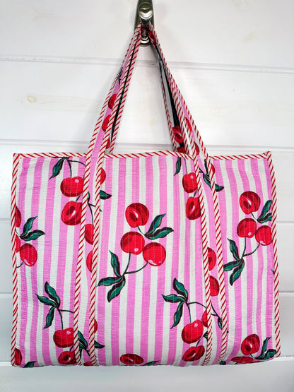 Quilted Tote Bag | Cherry Tote | Large Shopping Tote Bag