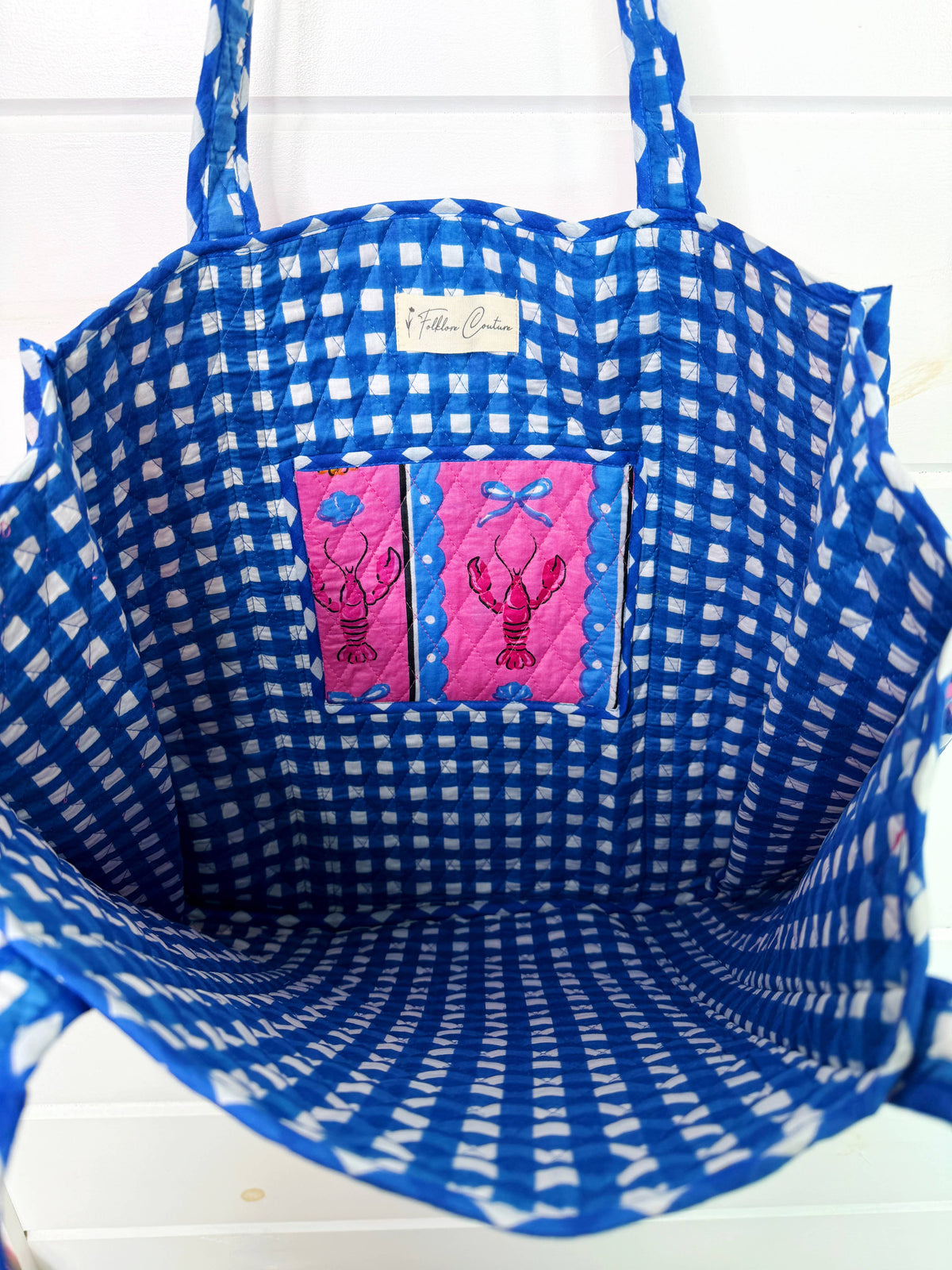 Quilted Tote Bag | Pink Lobster Tote | Large Shopping Tote