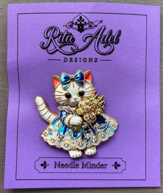 Rita Adel Cat with Flower Bouquet Blue Needle Minder
