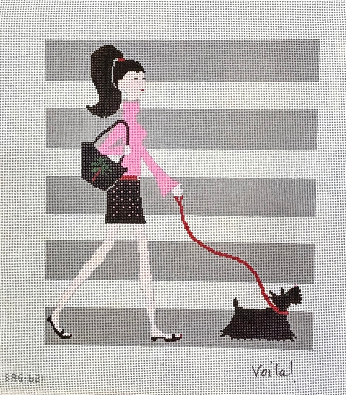 Retro Style Women Walking Scottish Terrier Dog