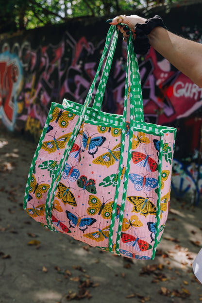 Quilted Tote Bag | Large Travel Bag | Pink Butterfly Print