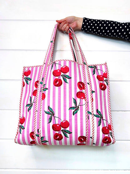 Quilted Tote Bag | Cherry Tote | Large Shopping Tote Bag