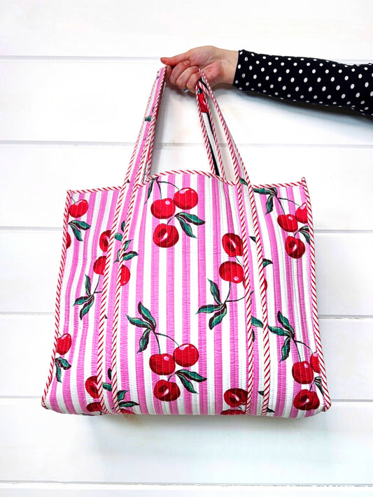 Quilted Tote Bag | Cherry Tote | Large Shopping Tote Bag